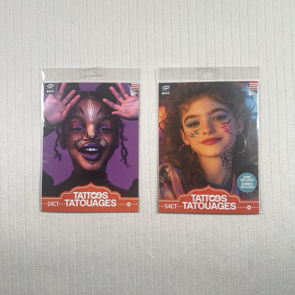 Lot of 2 Savvi BOO Halloween Costume Face Temporary Tattoos 24ct 54ct Gems New